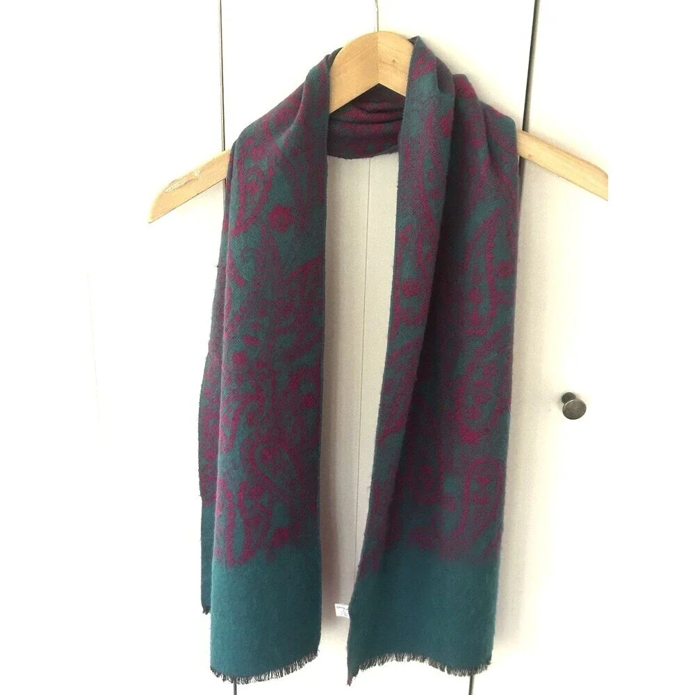 Jacobson's Scarf Made in France Paisley Print Magenta Teal Eyelash Trim